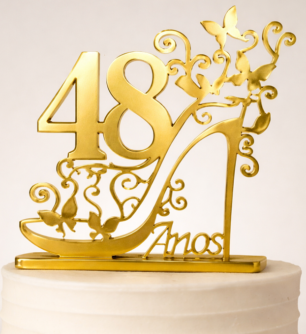 Topo De Bolo 48 Anos Acrílico Dourado